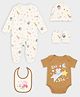 Mi Arcus Cotton Elastane Knit Peppa Pig Featuring Full Sleeves Character Printed Footed Romper & Onesie With Cap Mitten & Bib - Cream & Brown
