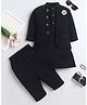 Fourfolds Cotton Blend Woven Solid Kurta Pyjama Set With Full Sleeves Ethnic Brooch Detailed Jacket - Black