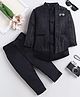 Fourfolds Woven Full Sleeves Sherwani & Trouser Set With Waves Foil Printed & Stone Embellished Sunglasses Applique Detailed Jacket - Black