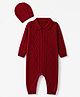 Babyhug Knit Full Sleeves Hooded Winter Wear Romper With Cable Knit Design & Cap -Red