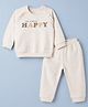 ToffyHouse Looper Knit Full Sleeves Top and Joggers Set With Happy Text Print - Beige