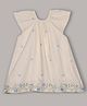 Aomi Blended Woven Frill Sleeves Floral Embroidered Dress - Off White & Blue