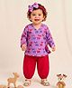 BownBee Cotton Woven Full Sleeves Deer Printed Jhabla & Harem Pants Set With Headband - Purple