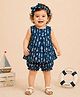 BownBee Cotton Woven Sleeveless Fish Printed Coordinating Jhabla & Shorts Set With Headband - Navy Blue