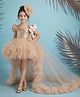 Tilism Net Woven Half Puffed Sleeves Bow Applique & Ruffles Detailed Glittered Dress - Golden