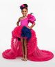 Tilism Net Woven One Shoulder Floral Applique & Ruffle Detailed High Low Dress - Dark Pink