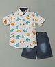 INFINITY Cotton Woven Half Sleeves DInosaurs Printed Shirt & Shorts Set - Grey & Navy Blue