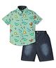 INFINITY Cotton Woven Half Sleeves DInosaurs Printed Shirt & Shorts Set - Green & Navy