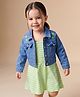 Babyhug Single Jersey Knit Full Sleeves Floral Embroidered Denim Jacket With Striped Frock - Light Green