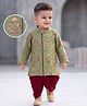 EARTHY TOUCH Cotton Jersey Knit Full Sleeves Kurta & Dhoti Set with Leaf Foil Print - Olive Green