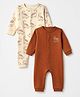 Babyhug 100% Cotton Interlock Knit Full Sleeves Rompers With Dino Print Pack of 2 - Brown & Beige