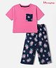 Honeyhap Premium 100% Cotton Knit Half Sleeves Single T-Shirt & Pyjama Night Suit with Floral Print with Bio Finish - Azalea Pink & Navy Peony