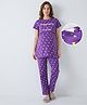 Bella Mama Cotton Knit Half Sleeves Front Open Nursing Night Suit with Herat Print - Purple