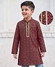 EARTHY TOUCH Cotton Knit Full Sleeves Kurta With Floral Foil Print & Neck Detailing - Maroon