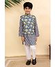 The Mom Store Cotton Woven Full Sleeves Floral Printed Kurta & Pyajama Set With Jacket - Blue