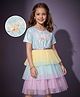 Hola Bonita Knit Half Sleeves Tiered Sequined Party Dress With Belt & Bow Applique - Light Blue