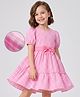 Hola Bonita Cotton Woven Half Puffed Sleeves Dress with Checks & Bow - Pink