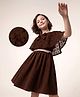 Hola Bonita Woven Half Sleeves Dress With Floral Embroidery and Belt - Brown