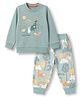 Zero Looper Knit Full Sleeves T-shirt & Jogger Set With Jungle Safari Print - Sea Green