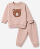 Zero Looper Knit Full Sleeves T-shirt and Jogger Set With Teddy Bear Patch - Light Pink