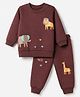 Zero Looper Knit Full Sleeves T-shirt and Jogger Set With Animal Print - Dark Red