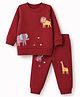 Zero Looper Knit Full Sleeves T-shirt and Jogger Set With Animal Print - Maroon