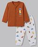 Zero Interlock Knit Full Sleeves T-Shirt & Pyjama Night Suit Set With Dinosaur & Text Print - Rust Orange