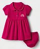 Babyhug Cotton Knit Frock and Bloomer with Half Sleeves, Peter Pan Collar and Rainbow Print in Red