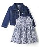Babyhug Denim Frock with Jacket with Full Sleeves and Floral Print in White