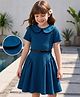 Hola Bonita Knit Half Sleeves Solid Textured Peter Pan Collar Frock With Belt - Teal Blue