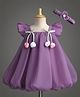Enfance Woven Half Sleeves Bow & Rose Applique Party Dress With Headband - Purple