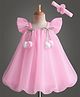 Enfance Woven Half Sleeves Bow & Rose Applique Party Dress With Headband - Pink