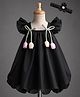 Enfance Woven Half Sleeves Bow & Rose Applique Party Dress With Headband - Black