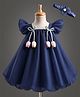 Enfance Woven Half Sleeves Bow & Rose Applique Party Dress With Headband - Navy Blue