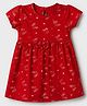 Babyhug Single Jersey Knit Half Sleeves One Piece Dress With Butterfly Print & Bow Applique - Red
