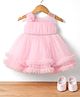 Blabber Sleeveless Ruffle & Floral Applique Detailed Knee Length Dress With Booties - Pink