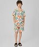 ALAN JONES Cotton Blend Knit Tropical Theme Printed Coordinating Tee & Shorts Set - Cream