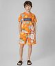 ALAN JONES Cotton Blend Knit Beach Theme Printed Coordinating Tee & Shorts Set - Orange