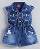 LITTLE 4EVER Denim Knit Half Sleeves Happy & Smile Text Patch Detailed Jumpsuit - Blue