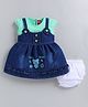 LITTLE 4EVER Denim Knit Sleeveless Bear Embroidered Pinafore Dress With Tee & Bloomer - Green
