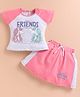 MELONI Knitted Knit Half Sleeves Best Friends Forever  Text & Unicorn Printed Top & Skirt Set - Peach