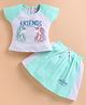 MELONI Knitted Knit Half Sleeves Best Friends Forever  Text & Unicorn Printed Top & Skirt Set - Green