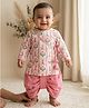 Pspeaches Cambric Woven Full Sleeves Floral Printed Gota Lace Embellished Kurta & Dhoti Set - Pink & White
