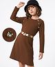 Hola Bonita Knit Three Fourth Sleeves Textured Dress With Stone Embellished & Belt - Brown