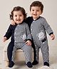 Babyhug Cotton Mixes Woven Full Sleeves Footed Winter Wear Romper With Stripes & Teddy Bear Patch - Navy Blue