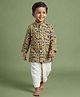 Ridokidz Cotton Woven Full Sleeves  Ajrakh Printed Kurta Dhoti Set - Beige & Blue