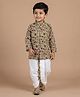 Ridokidz Cotton Woven Full Sleeves  Ajrakh Printed Kurta Dhoti Set - Beige  & Maroon