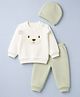 Babyhug Velour Knit Full Sleeves Winter Wear Suit Bear Print & Applique & Cap - Cream