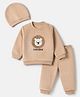 Babyhug Velour Knit Full Sleeves Winter Wear Suit With Lion Print & Cap - Tan