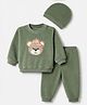 Babyhug Velour Knit Full Sleeves Winter T-Shirt and Jogger with Cap and Bear Patch - Dark Green
